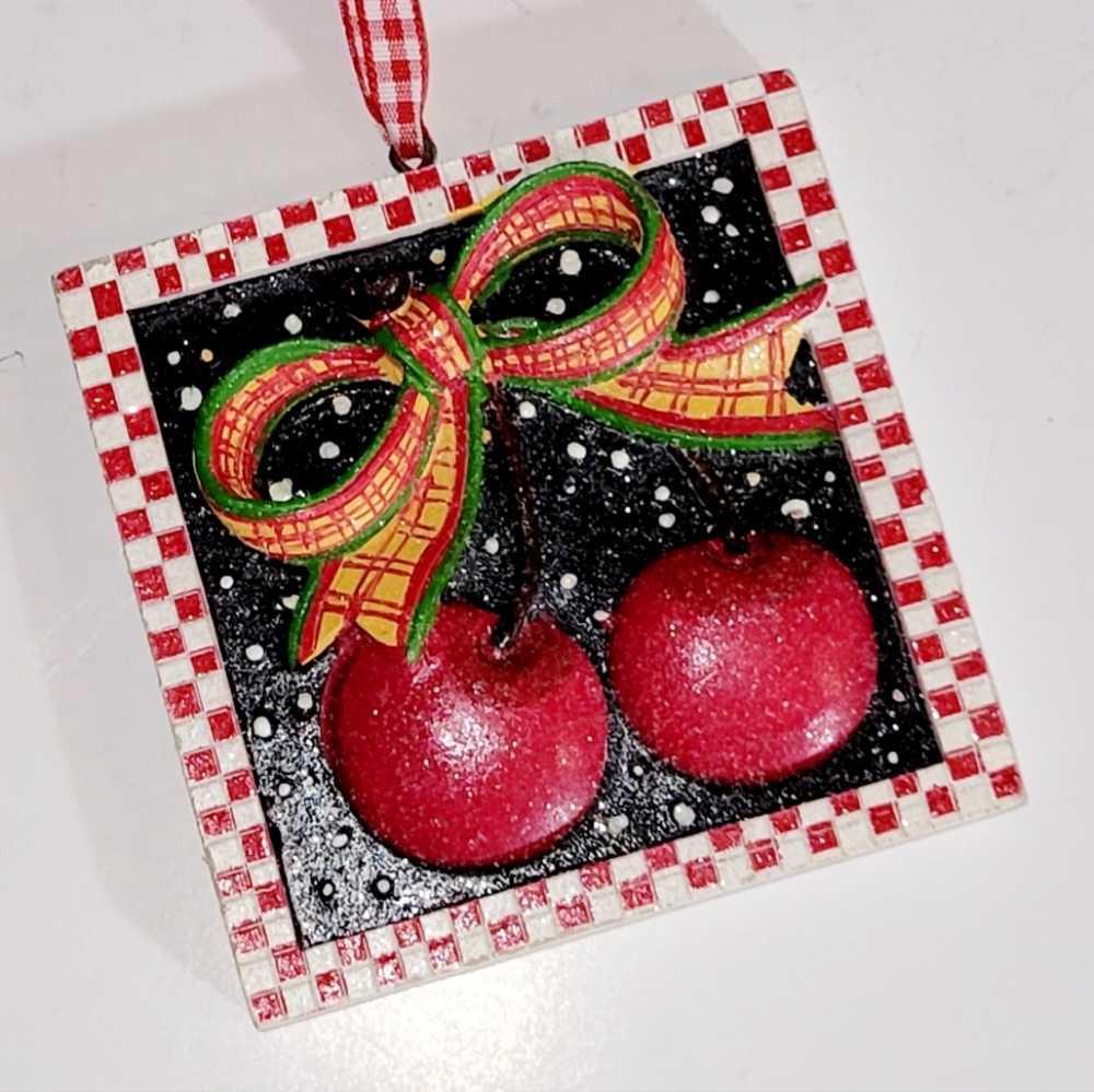 Mary Engelbreit "Cherries" 🍒 Glitter Ornament, Square Framed Resin, New